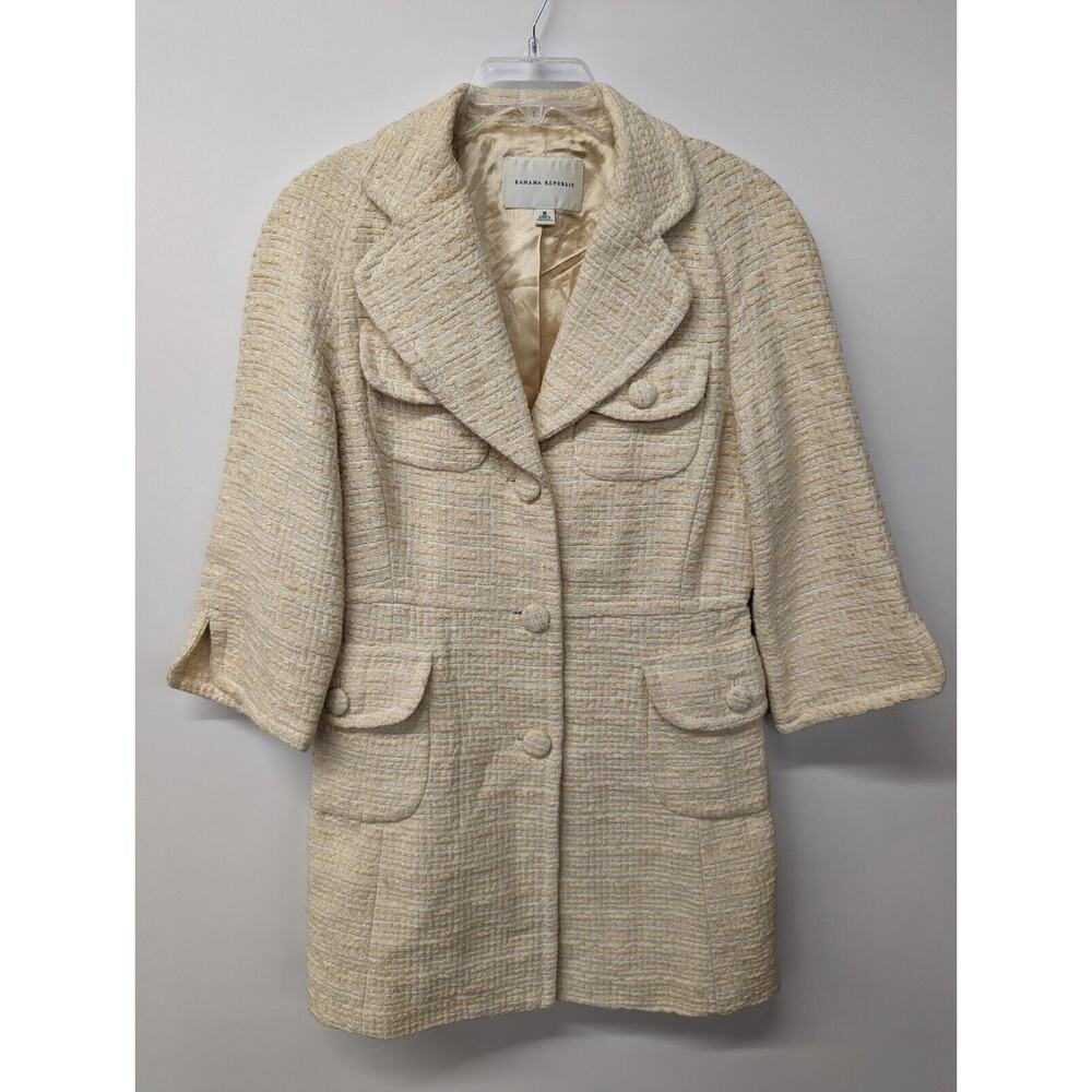 Banana Republic Womens Tweed Jacket 3/4 Sleeves Cream Gold Textured Coat Size M